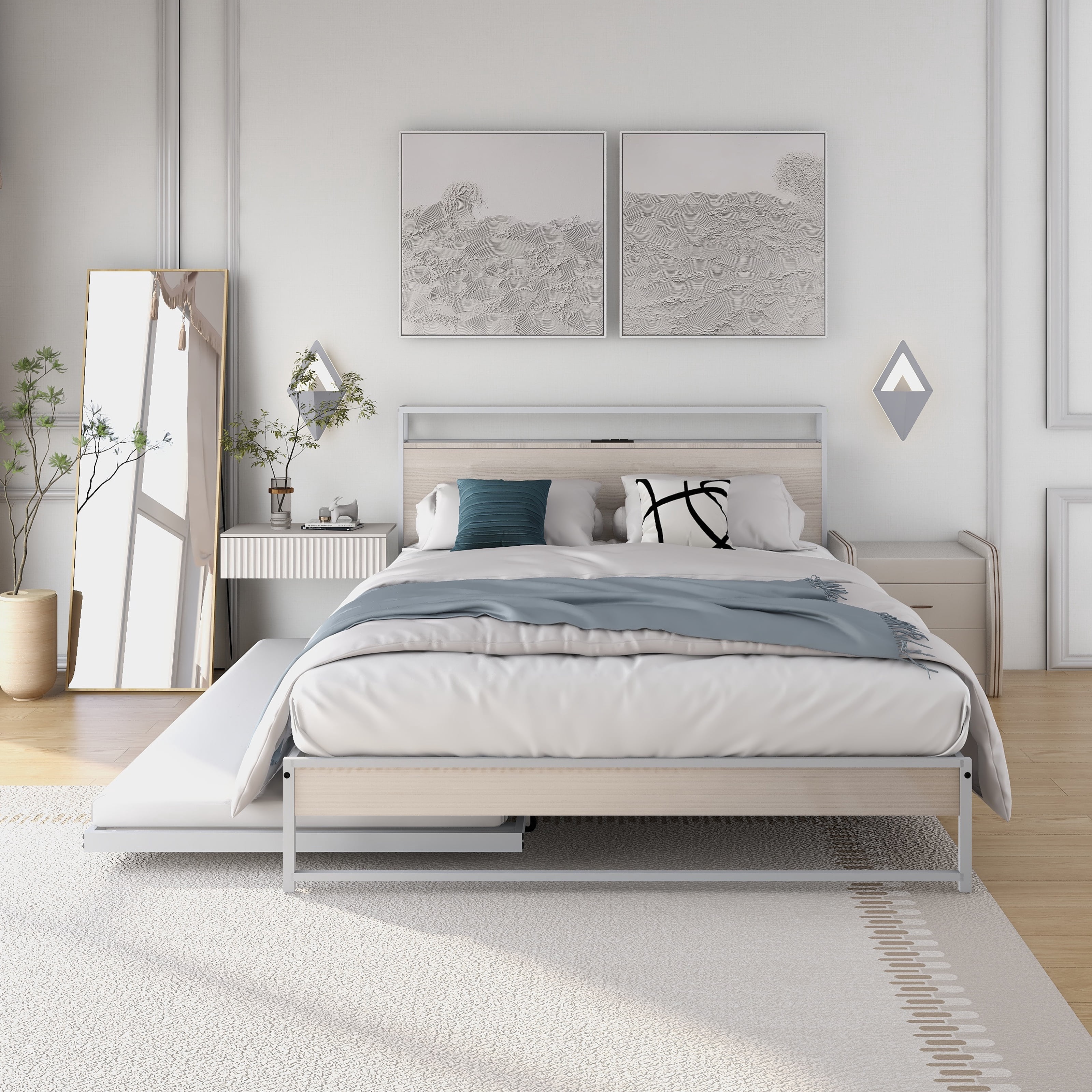 Queen Size Metal Platform Bed Frame with Trundle, USB Ports and Slat Support ,No Box Spring Needed White