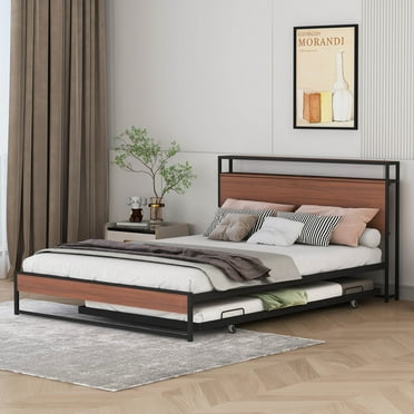 Queen Size Metal Platform Bed Frame with Trundle, USB Ports and Slat Support