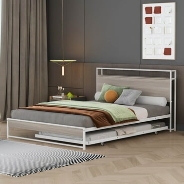 Queen Size Metal Platform Bed Frame with Trundle, USB Ports and Slat Support