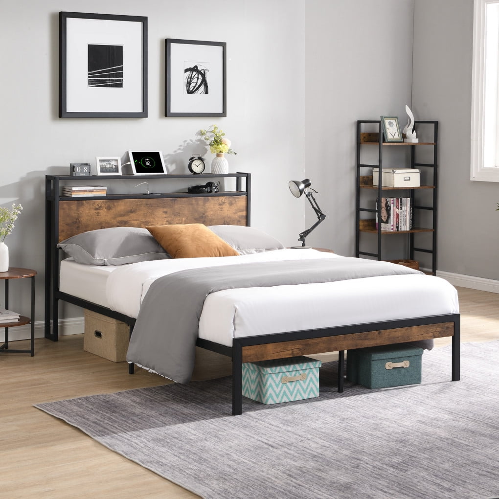 Queen Black Metal Platform Bed Frame with Wooden Headboard and Storage