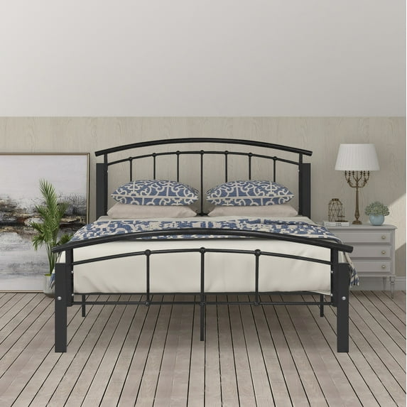 Queen Size Metal Platform Bed, Full Bed Frame with Vintage Headboard Footboard, Sturdy Metal Slats and Center Legs Support, 10" Under-bed Storage Space, Noise Free, No Box Spring Needed, Matte Black