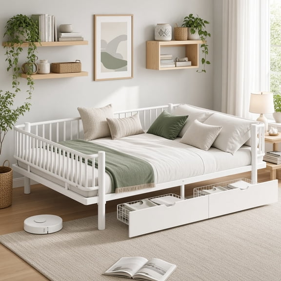 Queen Size Metal Platform Bed with Storage Drawers, Round-Pipe Design, Low Profile Daybed Frame