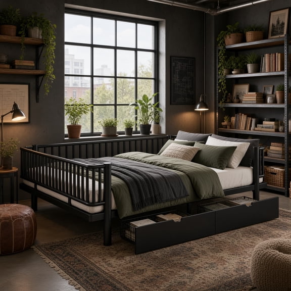 Queen Size Metal Platform Bed with Storage Drawers, Round-Pipe Design, Low Profile Daybed Frame