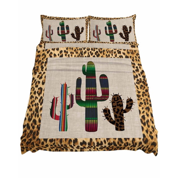 Queen Size Mexico Cactus Sheet Sets Leopard Print Background Soft Breathable Microfiber Bed Sheets Deep Pockets 4 Piece Bed Sheets Set, 1 Fitted Sheet, 1 Flat Sheet & 2 Pillowcases