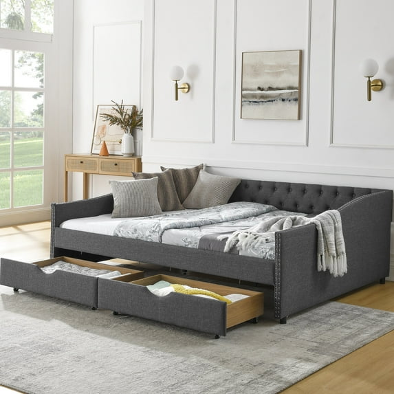 Queen Size Mid - Century | Daybed with Storage for Relaxing in Living Room | Soft Fabric and Optimal Back Support