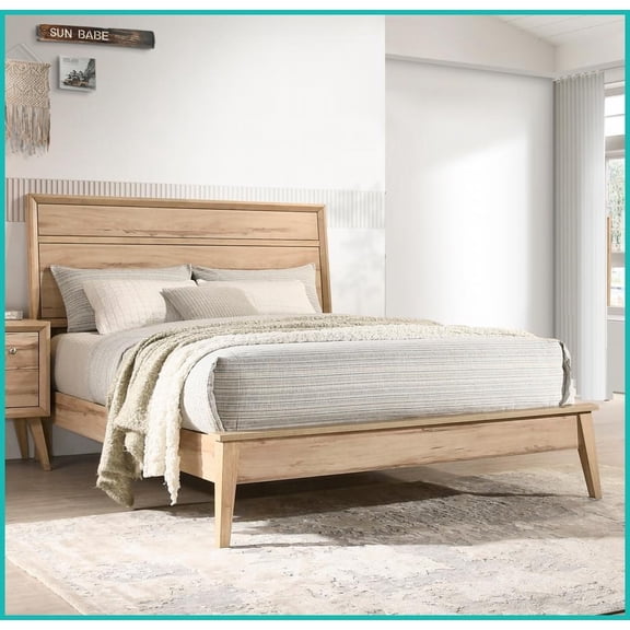 Queen Size Mid-Century Modern Wooden Bed Frame with Natural Oak Melamine Finish for Bedroom