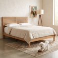 thumbnail image 1 of Queen Size Mid-Century Wood Platform Bed Frame with Slatted Headboard, No Box Spring Needed, Natural Wood, 1 of 9