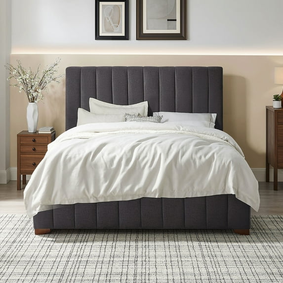 Queen Size Modern Bed Frame, Upholstered With Soft Fabric, Headboard Included, No Box Spring Necessary, Dark Grey Color, Construction In Grey, Design, Spring, Strong Rubber Plywood Support