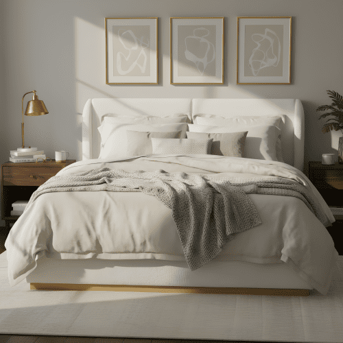 Queen Size Modern Bouclé Winged Platform Bed Frame with Enclosed Wood Base, Sturdy Support and 800 lbs Capacity, No Box Spring Needed for Bedroom, White