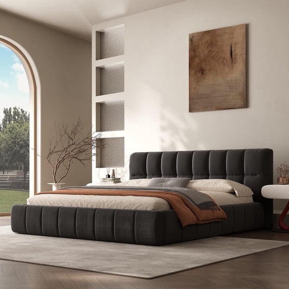 Queen Size Modern Cloud Platform Bed with 38.5-inch High Extra-Thick Soft Headboard, Includes Footboard, Block Design, Cream Uph