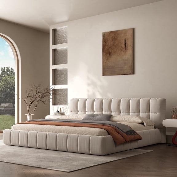 Queen Size Modern Cloud Platform Bed with 38.5-inch High Extra-Thick Soft Headboard, Includes Footboard, Block Design, Cream Uph