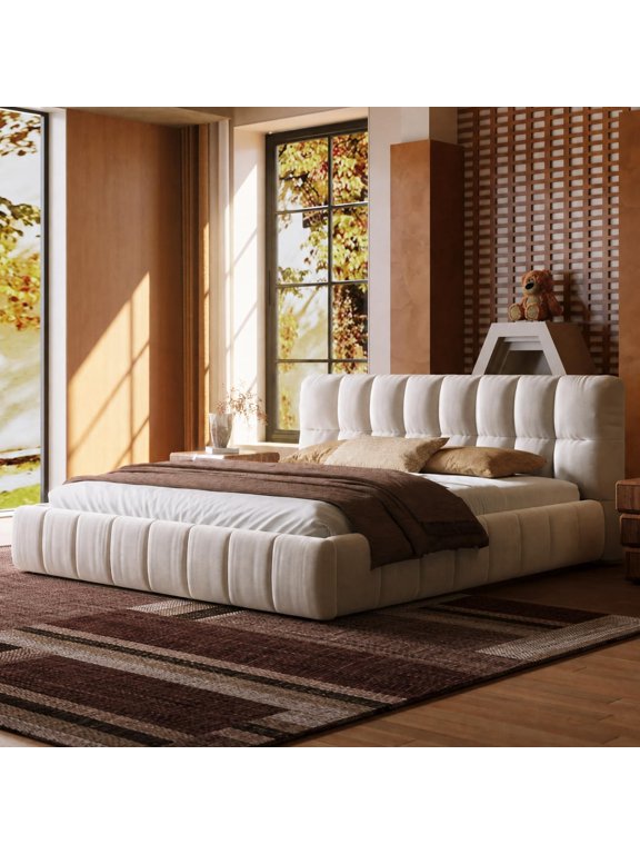 Queen Size Modern Cloud Platform Bed with 38.5-inch High Extra-Thick Soft Headboard, Includes Footboard, Block Design, Cream Uph