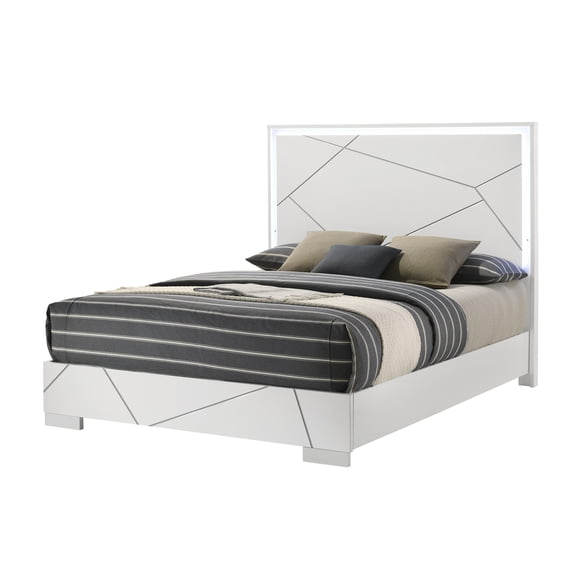 Queen Size Modern LED Headboard Panel Bed Frame - Pristine High-Gloss White Wood Furniture for Bedroom Sanctuary - 65" W - Box Spring Required