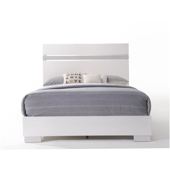 Queen Size Modern Platform Bed Frame with High Gloss White Finish and Chrome Legs, No Box Spring Needed, Sturdy Metal Frame, Low Profile Design for Contemporary Bedroom