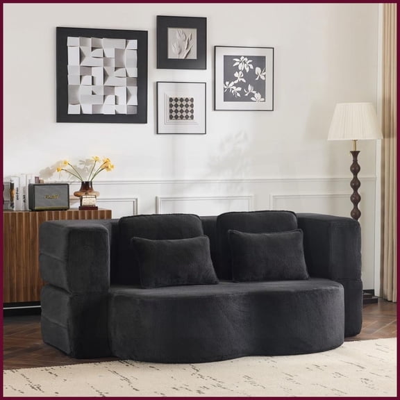 Queen Size Modern Short Plush Convertible Sofa Bed - Foldable Sleeper Couch for Living Room, Guest Room & Bedroom