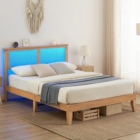 Queen Size Modern Solid Wood Platform Bed - Square Grass Rattan Headboard with Storage Platform, LED Lights, Noiseless, White Oak Colour
