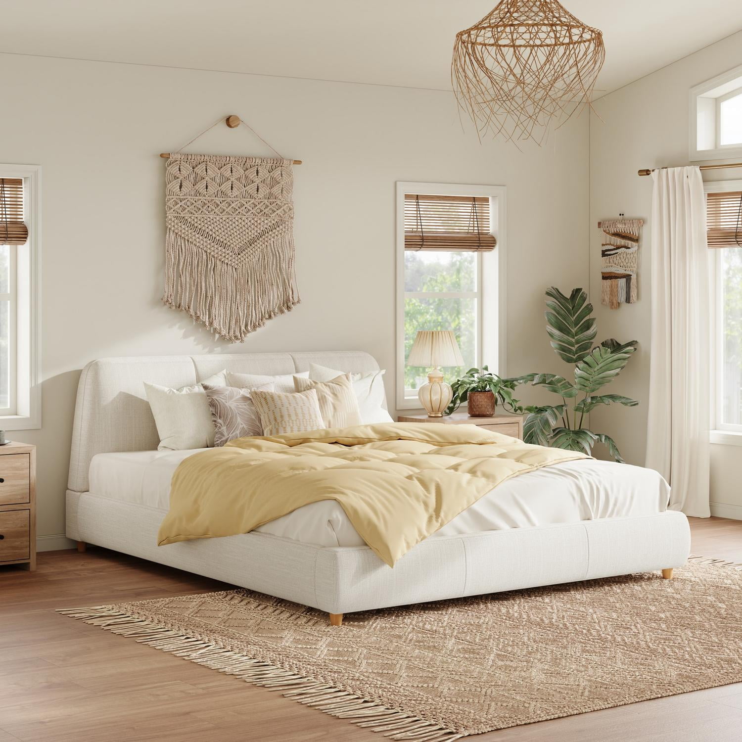 Queen Size Modern Upholstered Bed Frame with Linen Blend Fabric & Solid Wood Legs, Platform Bed with Thick Padded Headboard for Bedroom, White