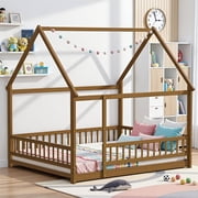 Queen Size Montessori Floor Bed Frame with Slats and Fence, Wooden House Bed for Boys Girls Bedroom, Light Espresso