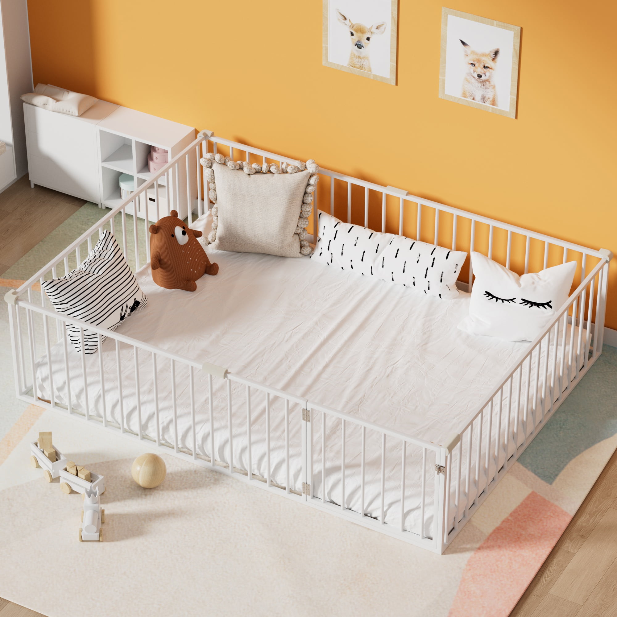 Queen Size Montessori Floor Bed, Heavy Duty Metal Floor Bed Frame with Safety Fence and Door, Montessori Floor Bed Frame for Boys and Girls, White