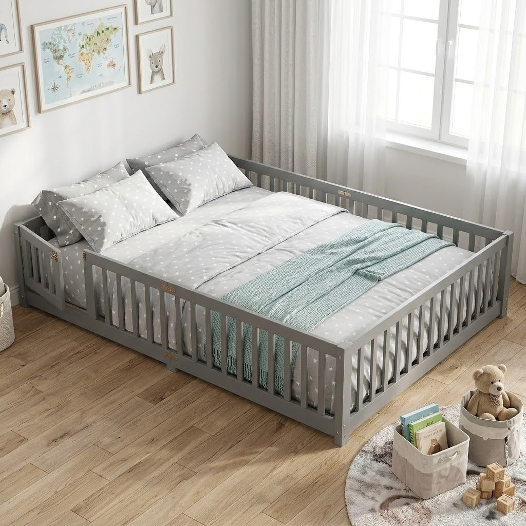 Queen Size Montessori Floor Bed with Rails, Wood Kids Floor Bed with Door and Slats Support, Toddler Bed Montessori Bed for Boys Girls, No Box Spring Needed Design
