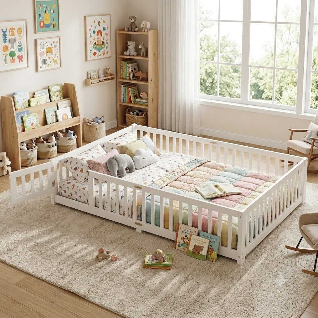 Queen Size Montessori Floor Bed with Rails, Wood Kids Floor Bed with Door and Slats Support, Toddler Bed Montessori Bed for Boys Girls, No Box Spring Needed Design