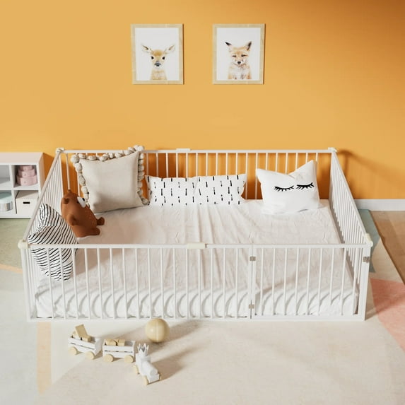 Queen Size Montessori Floor Bed with Safety Fence and Door, Metal Floor Bed Frame with Rails, Minimalist Versatile Floor Bed for Children Bedroom, Toddlers, Boys Girls, Kids Playroom, White