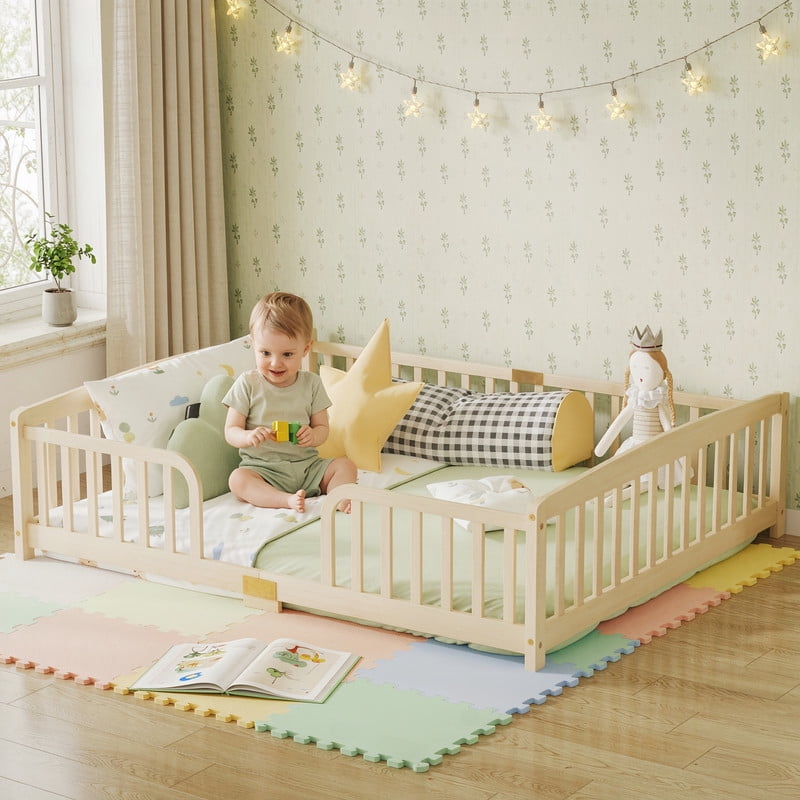 Queen Size Montessori Kids Floor Bed with Entrance, Toddler Crib Fence Bed, Low-Profile Wood Platform Bed Frame with Curved Guardrails