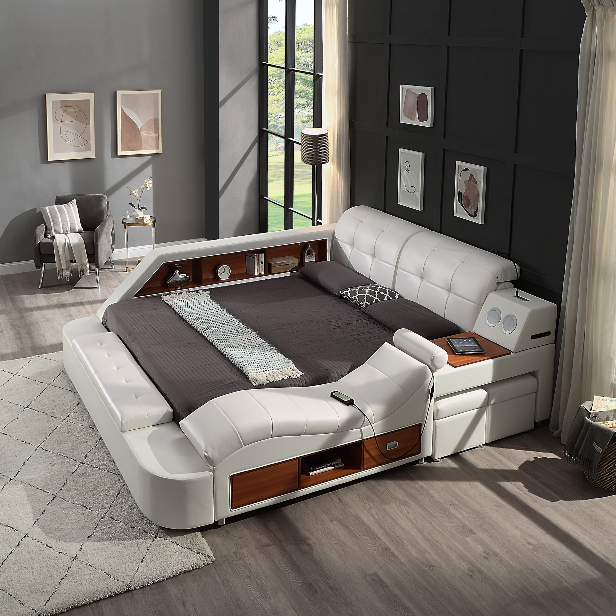 Queen Size Multifunctional Bed Frame, Upholstered Storage Platform with ...