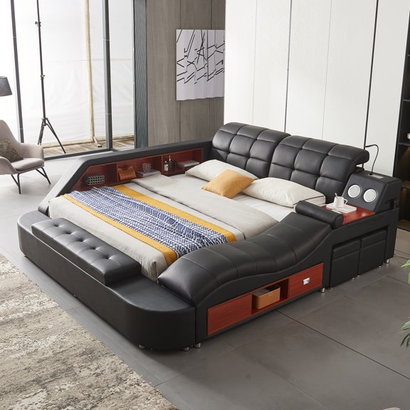 Queen Size Multifunctional Bed Frame, Upholstered Storage Platform with Right-Side Massage Recliner, Music Speaker, USB Charging Station