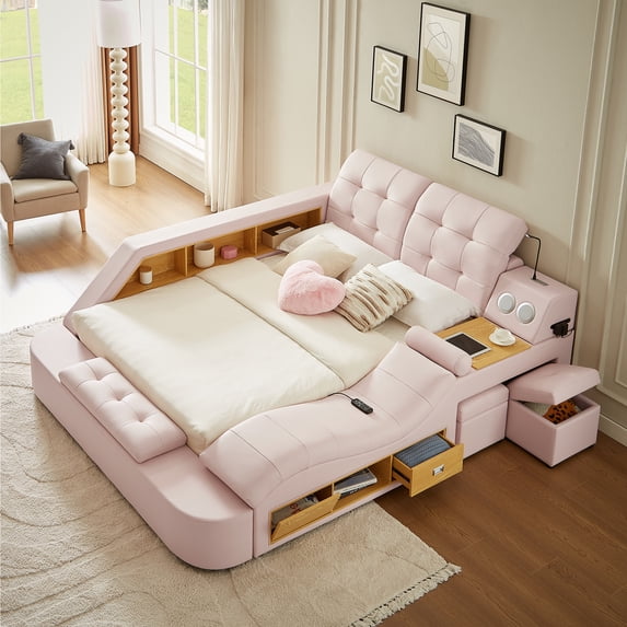 Queen Size Multifunctional Bed Frame, Upholstered Storage Platform with Right-Side Massage Recliner, Music Speaker, USB Charging Station