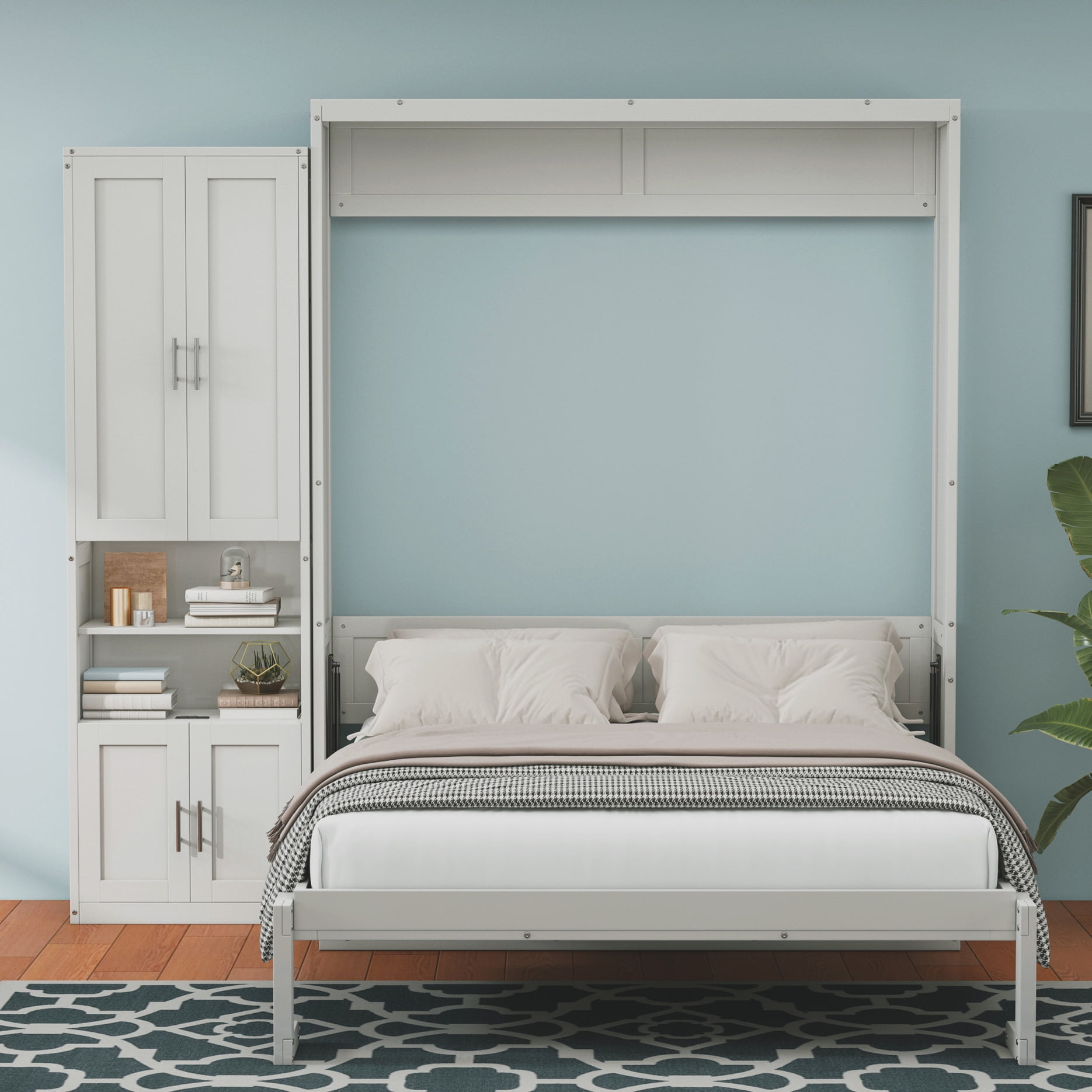 Queen Size Murphy Bed with 1 Side Cabinet Storage Shelf, Wooden ...