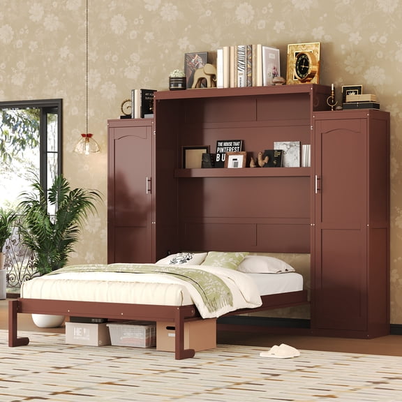 Queen Size Murphy Bed with 2 Wardrobe and Storage Shelf, Multifunctional Foldable Hidden Guest Beds, Murphy Cube Chest Cabinet Beds for Bedroom/Apartment, Walnut