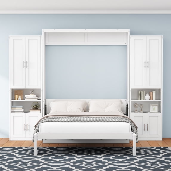 Queen Size Murphy Bed, 68-inch Wooden Folding Wall Bed Multipurpose Cabinet Bed with Desk Combo and 2 Side Cabinet Storage Shelf for Small Spaces Office Guest Room Use, White