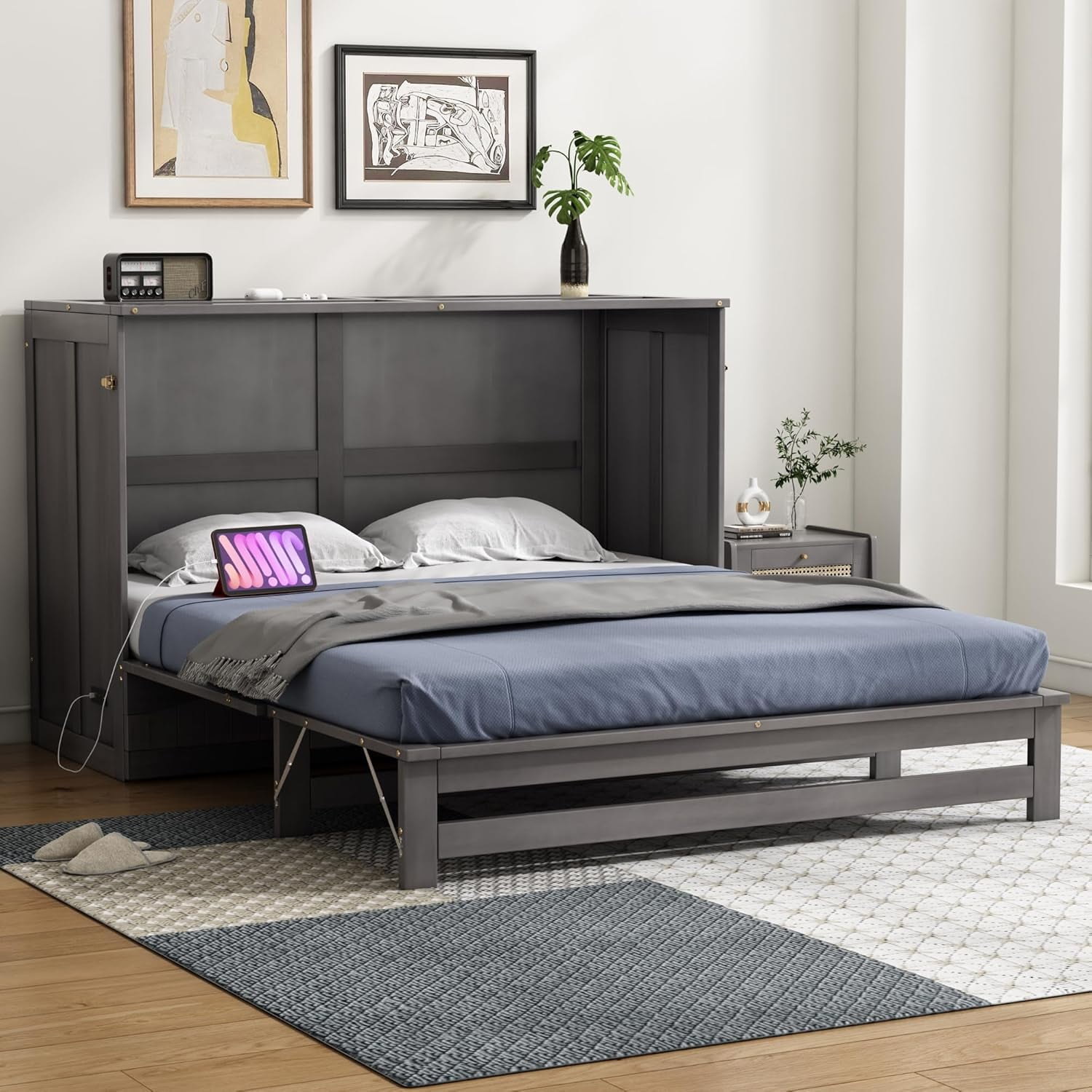 Queen Size Murphy Bed with Built-in Charging Station and 2 Drawers ...