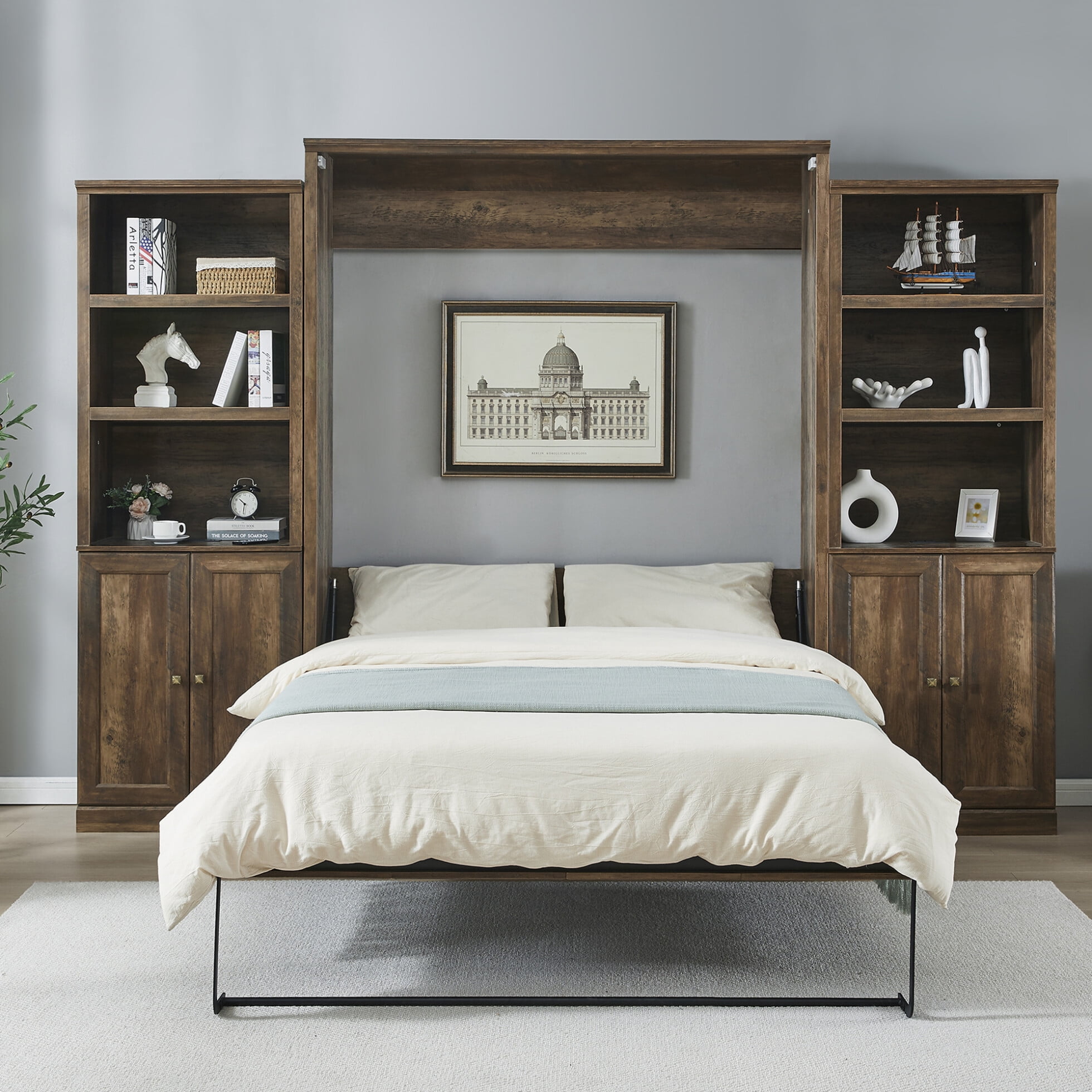 Queen Size Murphy Bed, Cabinet Bed Floor with 2 Side Cabinet Storage ...