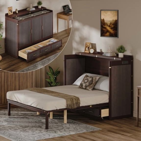 Queen Size Murphy Bed Cabinet with USB Charging Station, Vertical Foldaway Wall Bed with Drawers, Space Saving Hidden Bed Frame with Safety Lock, Anti-Tip Device, Coffee