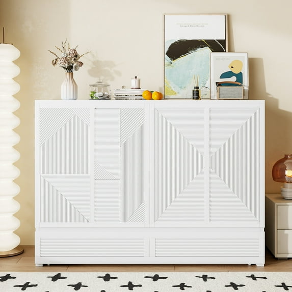 Queen Size Murphy Bed with Charging Station & Drawer, Wooden Murphy Chest Bed with USB Ports, Wooden Space-Saving Folding Murphy Bed for Bedroom Guest Room, White