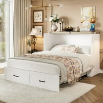 Queen Size Murphy Bed with Charging Station, Foldable Wall Bedframe with 1 Storage Drawer, Wooden Murphy Bed Cabinet for Guest Room Home Office, White