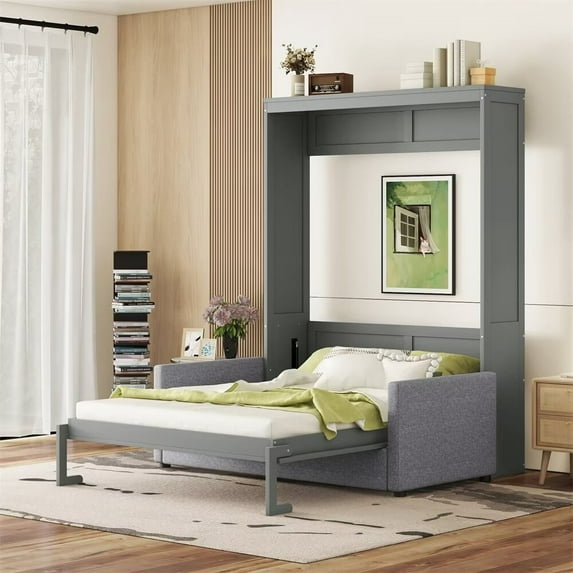 Queen Size Murphy Bed with Cushion, Solid Wood Mobile Cabinet Bed Wall Bed Storage Bed, Can be Folded into a Cabinet/Sofa, Suitable for Bedroom Home Office or Small Room, Gray