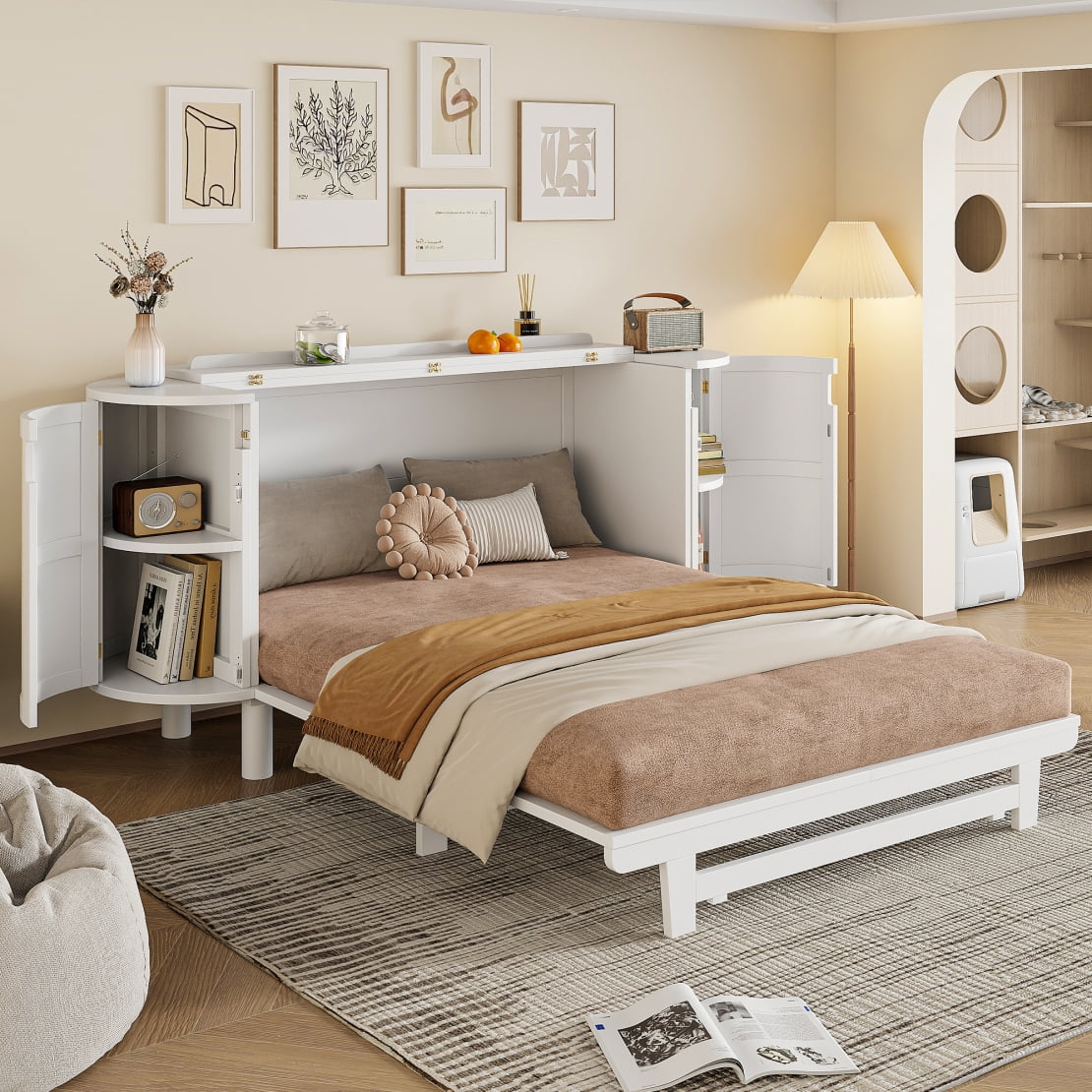 Queen Size Murphy Bed with Dual Side Cabinets, Modern Foldable Wall Bed ...