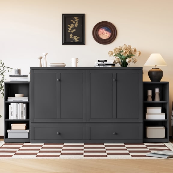 Queen Size Murphy Bed, Foldable Cabinet Bed with Storage Drawer and Open Shelves, Pine Wood Platform Bed for Guest Bedroom, Living Room, Dark Gray