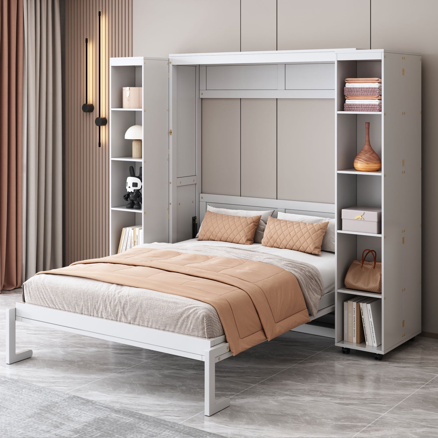 Queen Size Murphy Bed with Foldable Storage Cabinets & Open Shelves ...