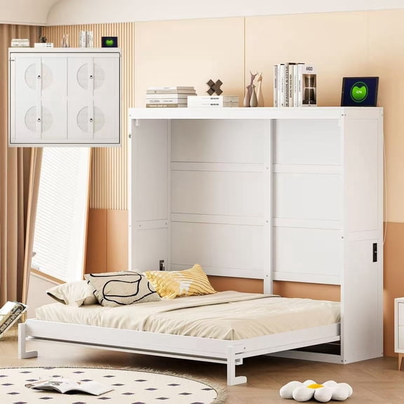 Queen Size Murphy Bed Frame with Shelf, Wood Multifunctional Foldable Platform Wall Bed Space-Saving with Power Outlet Hidden Wall Bed for Guest Room Bedroom Home Office, No Assembly Required, White