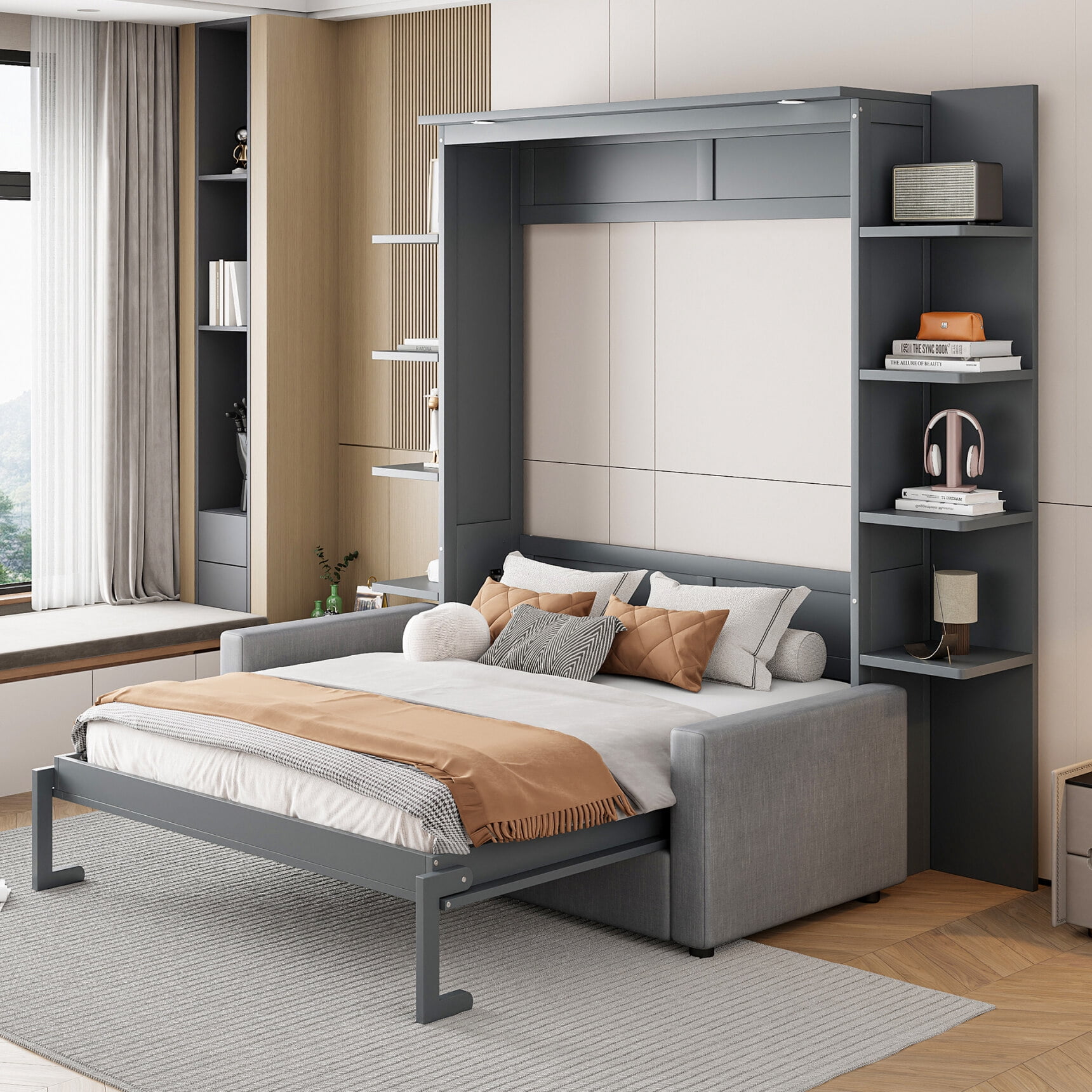 Queen Size Murphy Bed Frame, Wooden Queen Platform Bed with Sofa ...