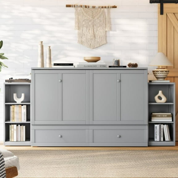 Queen Size Murphy Bed Frame with spacious storage drawers and shelves, Farmhouse Wall Bed Frame Folding into Cabinet Design for Home Office, Bedroom, Guest Room, Mattress Not Included, Gray