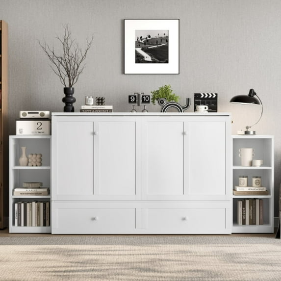 Queen Size Murphy Bed Frame with spacious storage drawers and shelves, Farmhouse Wall Bed Frame Folding into Cabinet Design for Home Office, Bedroom, Guest Room, Mattress Not Included, White