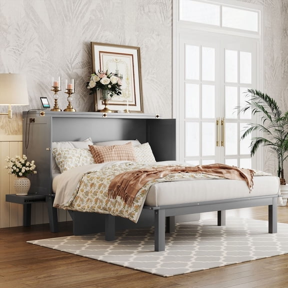 Queen Size Solid Pine Wood Murphy Bed with USB Port and Removable Shelves, Gray, for Bedroom