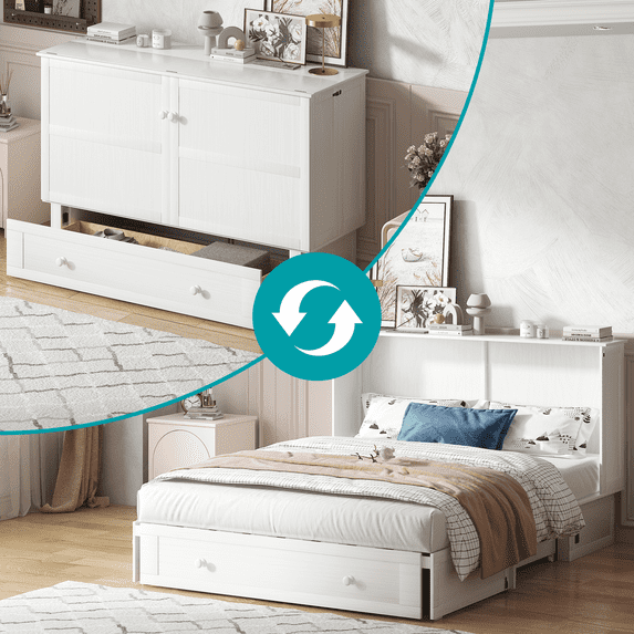 Queen Size Murphy Bed, Guest Room Cabinet Bed with USB & Charging Station and Large Drawer for Apartment, White