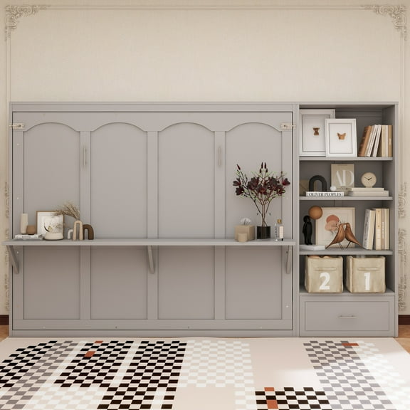 Queen Size Murphy Bed with Height Adjustable Storage Compartments and Shelf, Wall Bed Frame With 1 Drawer, Multifunctional Foldable Platform Bed for Small Space,Bedroom,Guest Room, Gray