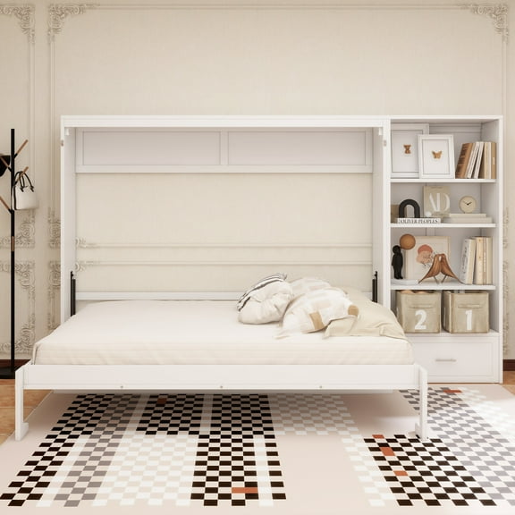 Queen Size Murphy Bed with Height Adjustable Storage Compartments and Shelf, Wall Bed Frame With 1 Drawer, Multifunctional Foldable Platform Bed for Small Space,Bedroom,Guest Room, White